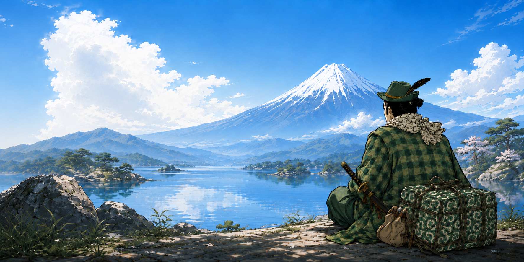 RatKid in green robes overlooking Mount Fuji and a clear blue lake.